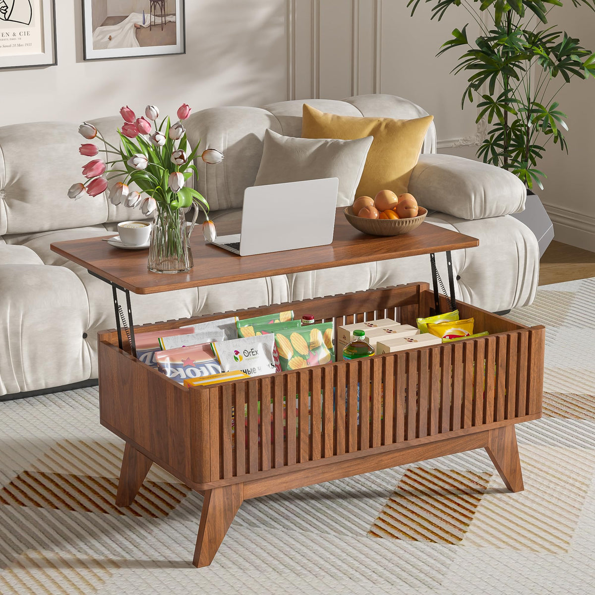 Lift Top Coffee Table with Hidden Compartment, Mid Century Modern Coffee Table for Living Room, Fluted Design Farmhouse Center Table with Storage (Walnut, 35.4" W)
