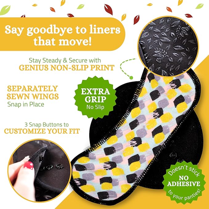 Non-Slip Organic Reusable Panty Liners for Women & Teens (Medium, 7-Pack); High-Temp Washable Cotton Cloth Liners; Stay Fresh & Dry, for Daily Vaginal Discharge Only; 100% Breathable (no PUL/TPU)