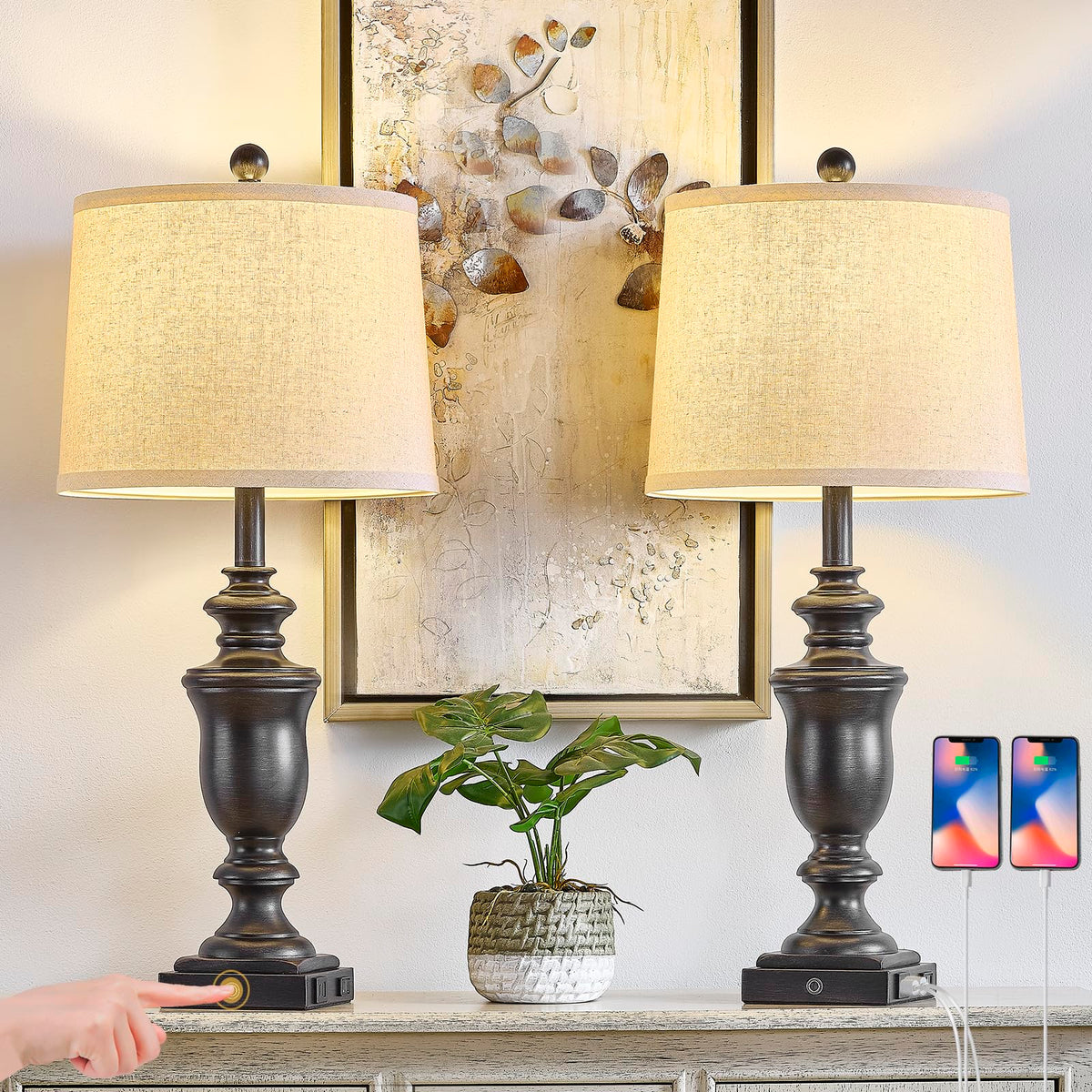 SAIWEYA 27.5" Set of 2 Farmhouse Table Lamps for Bedroom, 3 Way Dimmable Bedside Lamp with 2 USB +AC Outlet Nightstand Lamps for Living Room Resin Rustic Touch Lamps (Antique Black)