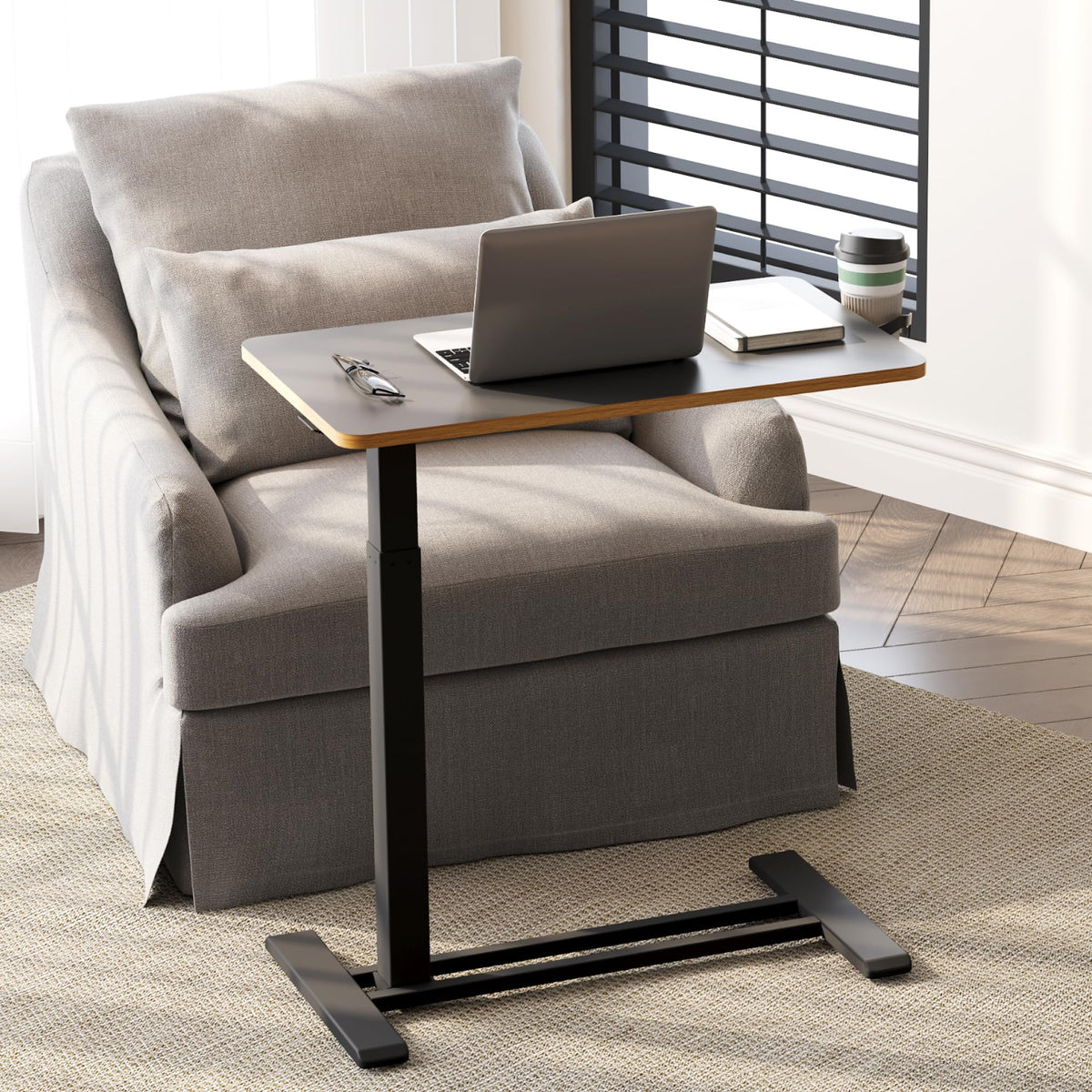 SANODESK Medical Adjustable Overbed Bedside Table with Hidden Casters, Pneumatic Mobile Laptop Computer Standing Desk Cart with Tray, Hospital and Home Use(27.6" W x 15.7" D, Black)
