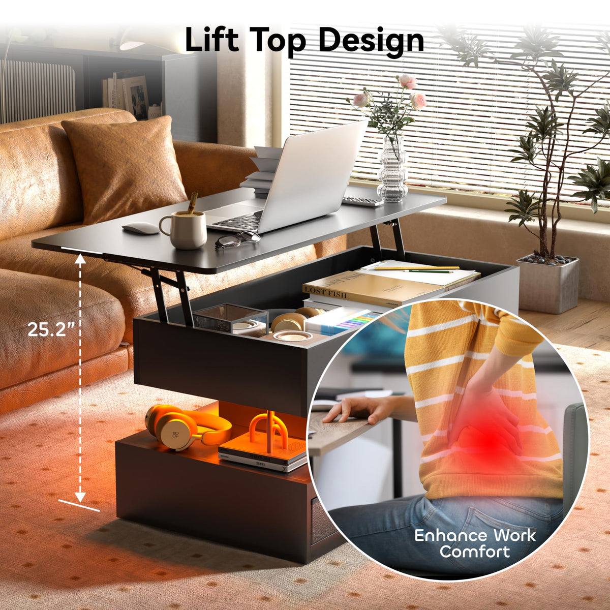 Oransail 40" Lift Top Coffee Table with 3 Fabric Storage Drawers and Hidden Compartmen, LED Coffee Table, Farmhouse Coffee Tables for Living Room, Dining Room