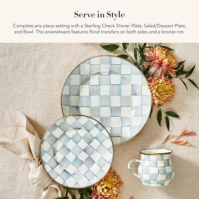 MACKENZIE-CHILDS 3-Piece Enamel Place Setting with 10-Inch Round Dinner Plate, 8-Inch Salad/Dessert Plate, and 7.5-Inch Breakfast Bowl, Gray-and-White Sterling Check