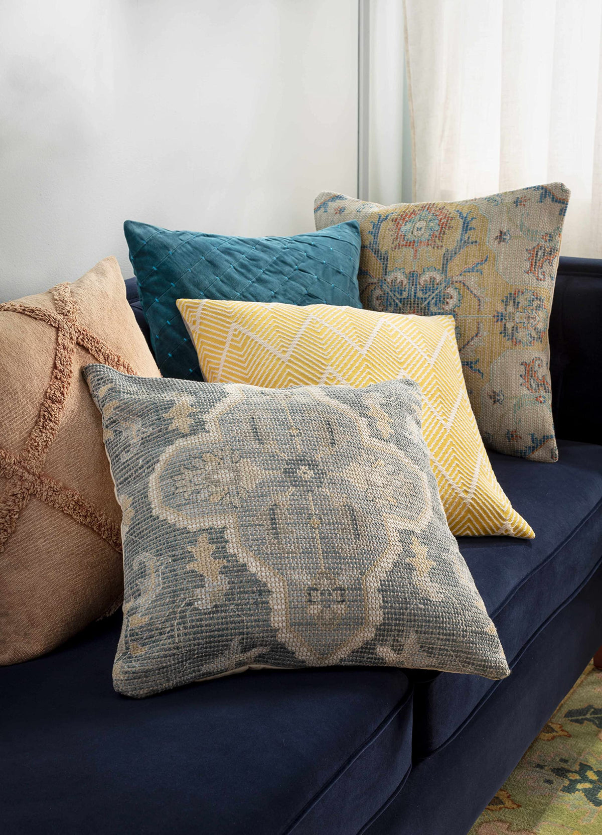 Hauteloom Bigaa Cotton Decorative Throw Pillow Cover - Oriental Floral Sofa Couch Cushion Cover - Blue, Sage, Cream - 18" x 18''