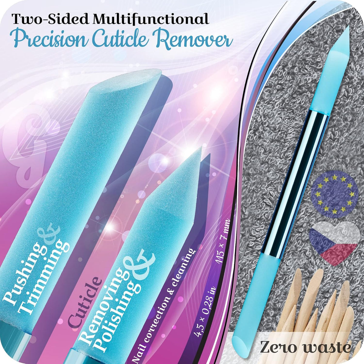 Glass Cuticle Pusher by GLADZY - Manicure Stick, Genuine Czech Quality, Professional Precision Filing Cuticle Remover, Abrasive Surface Never Wears Out