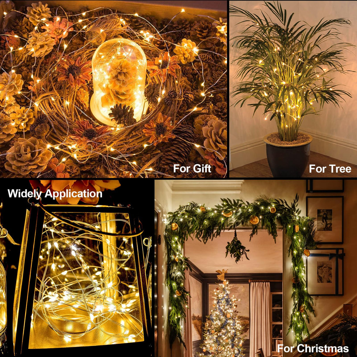 4 Pack Christmas Fairy Lights Battery Operated 16.4Ft 50 LEDs Silver Copper Wire Twinkle Lights with 2 Lighting Modes for Indoor Outdoor Wedding Holiday Yard Decorations (Warm White)