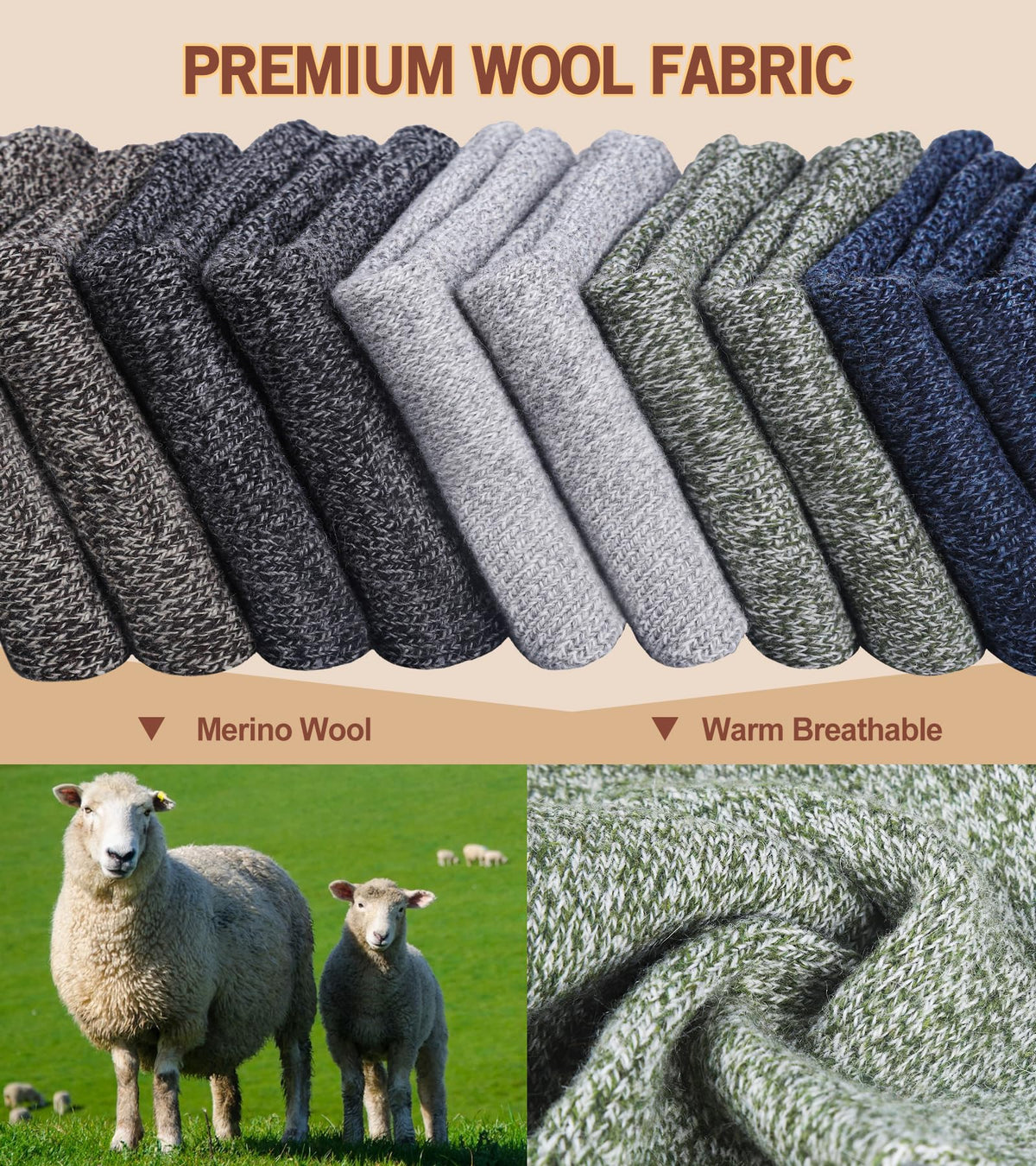 Yeblues 5 Pairs Merino Wool Socks Mens, Thick Warm Winter Socks, Hiking Socks Soft Casual Socks for Men，SIZE 6-13