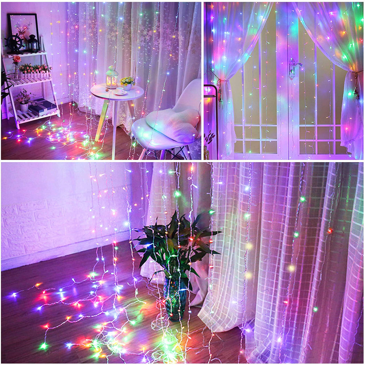 Honche 300Led Cuttable Curtain String Lights 10x10ft with Remote Window Lights for Bedroom Wedding Party Festive Season Propose Marriage (Colorful)