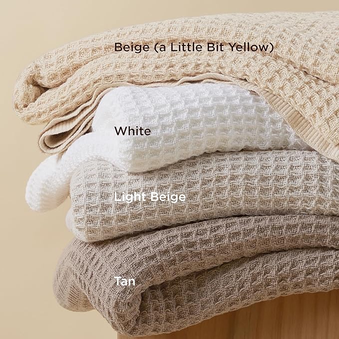 Bedsure 100% Cotton Blanket Queen Size for Bed - Breathable and Soft, Waffle Weave Blanket for Summer Spring, Khaki (a Little Bit Yellow), 90x90 Inches