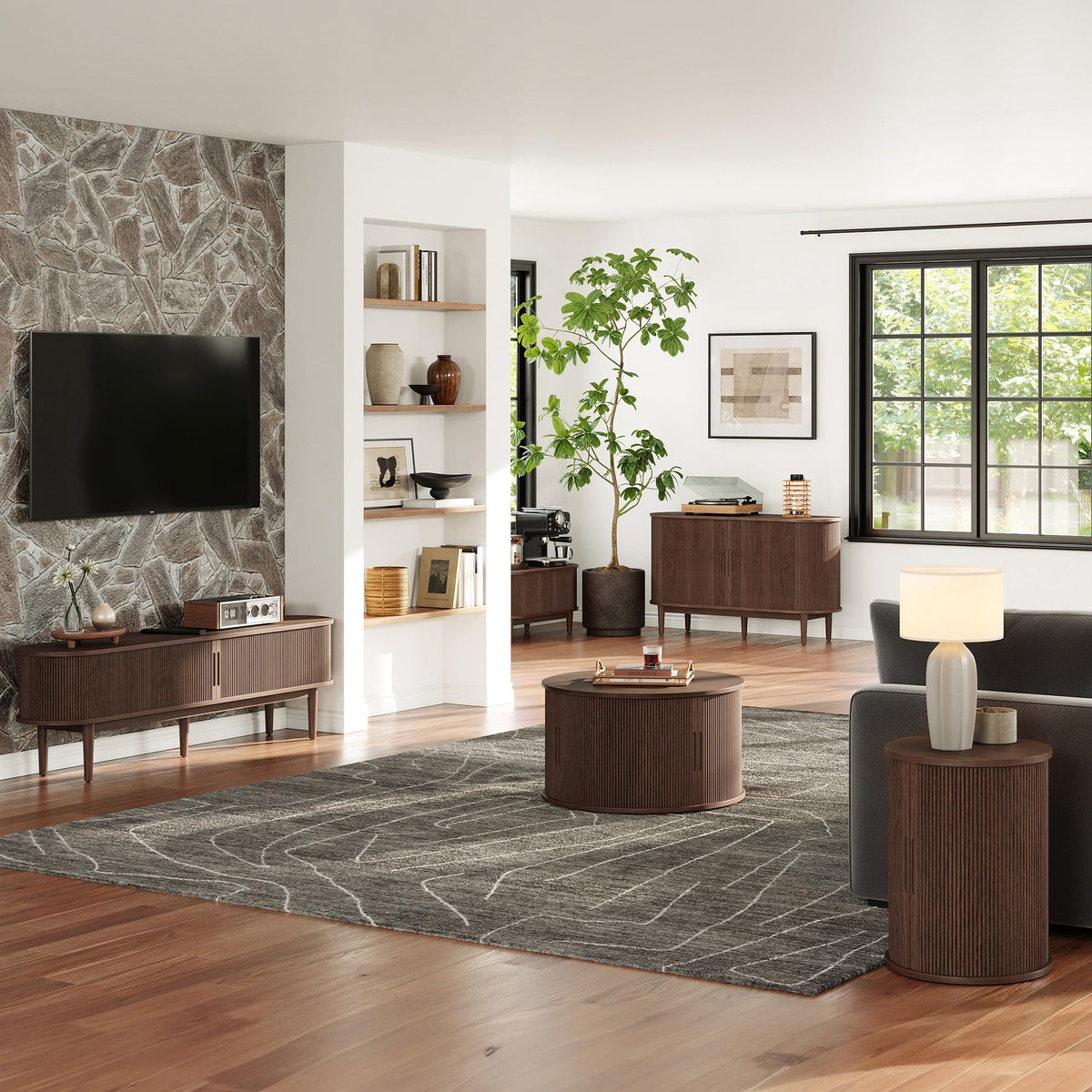 LINSY HOME Round Coffee Table, 31.5" Drum Coffee Table with Sliding Tambour Door, Fluted Accent Center Table with Storage, Mid Century Modern Coffee Table for Living Room, Walnut