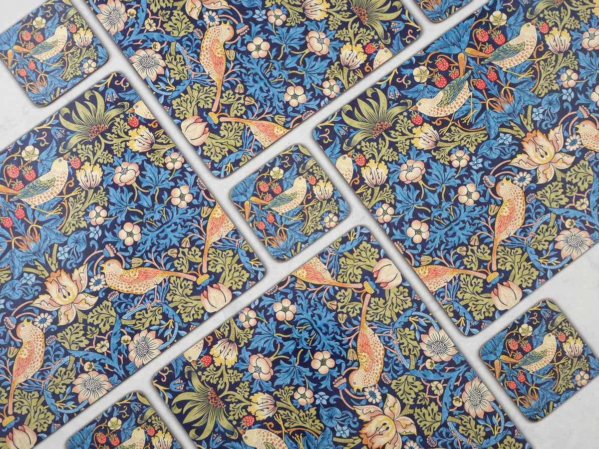 Pimpernel Morris & Co Strawberry Thief Blue Placemats, Set of 4 - Stain Resistant & Heat Safe Fabric-Feel Table Mats with Birds & Botanical Pattern for Stylish Dining & Entertaining