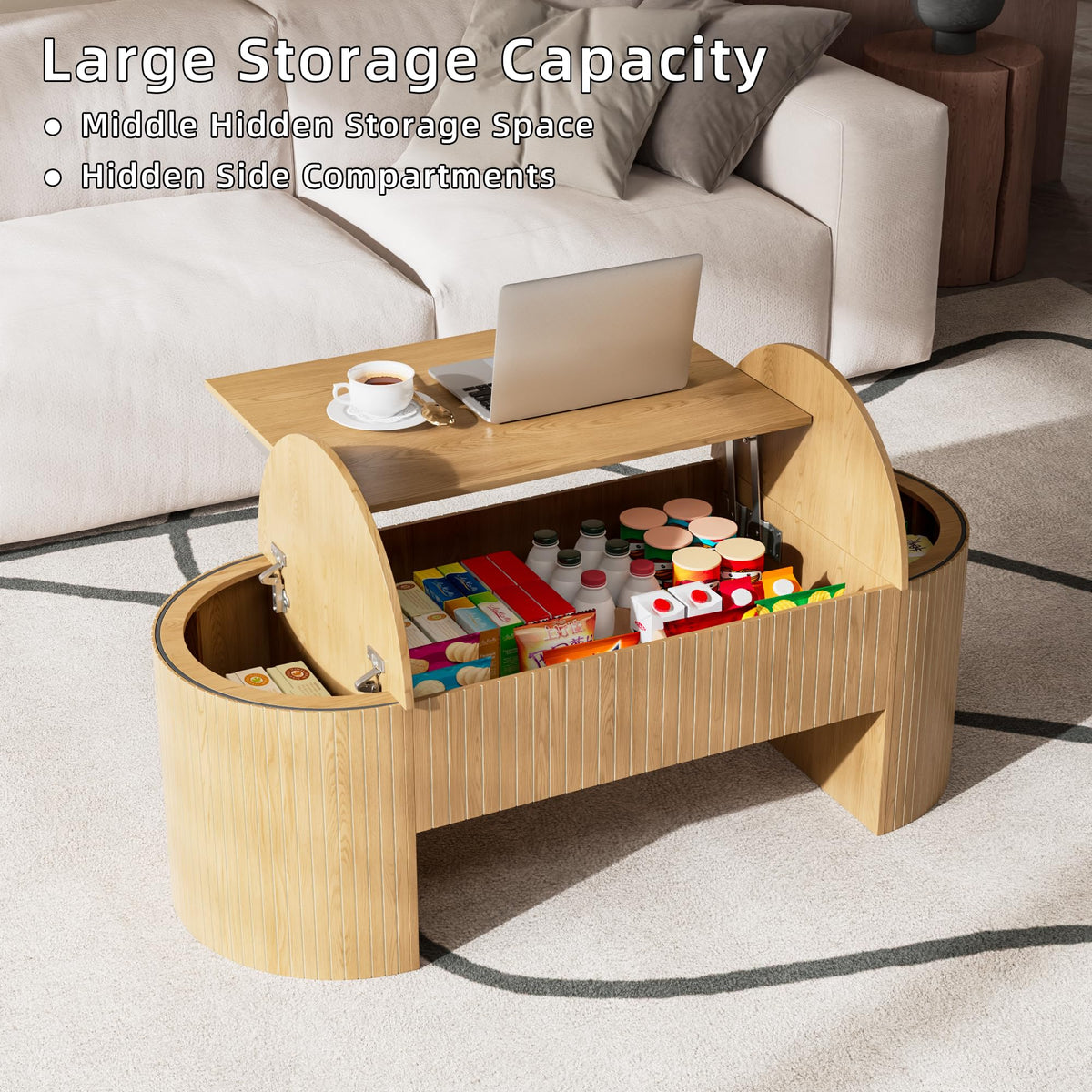 Lift Top Coffee Table with Hidden Storage Compartment, Oval Wooden Coffee Table with Lift Tabletop for Living Room, Modern Rustic Center Table for Home Office, 47 Inch (Wood)
