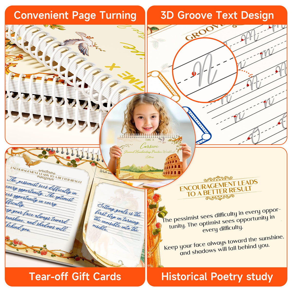 TIME X Grooved Cursive Handwriting Workbook Kit - Cursive Handwriting Workbook for Kids 8-12 and Adults - 3Pcs Magic Reusable Handwriting Workbook with Detachable Quote Postcards - 12.6"x10.6"