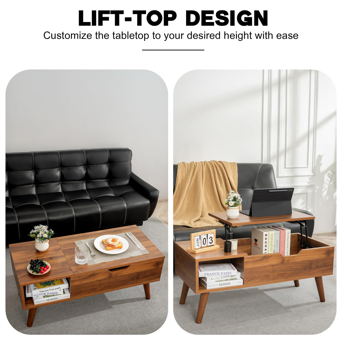 VICTORY RELAX Lift-Top Coffee Table with Hidden Storage and 2 Open Cubbies, Coffee Table with Storage for Living Room, Center Table for Living Room, Designed for Workspace and Relaxation (Natural)