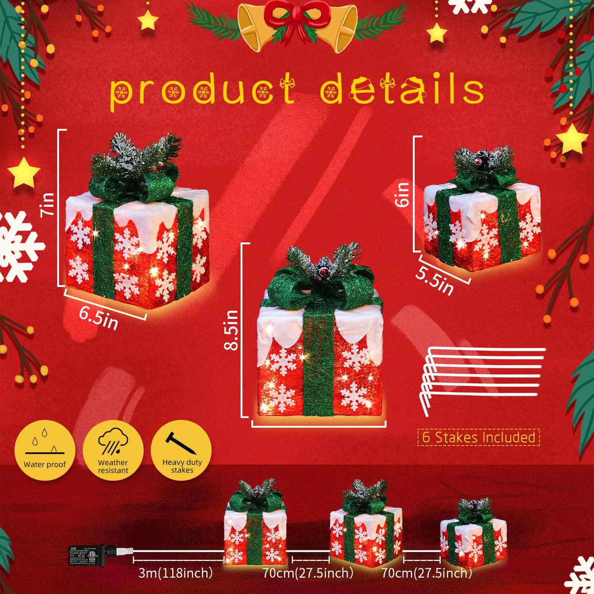 GLOWNOVA [Large 10"x8.5"x6.5" Christmas Set of 3 Lighted Gift Boxes Decorations Pre-lit 70 Super-Bright LED with Flashers,for Indoor Outdoor Christmas Tree Skirt Ornament Pathway Holiday Party Home