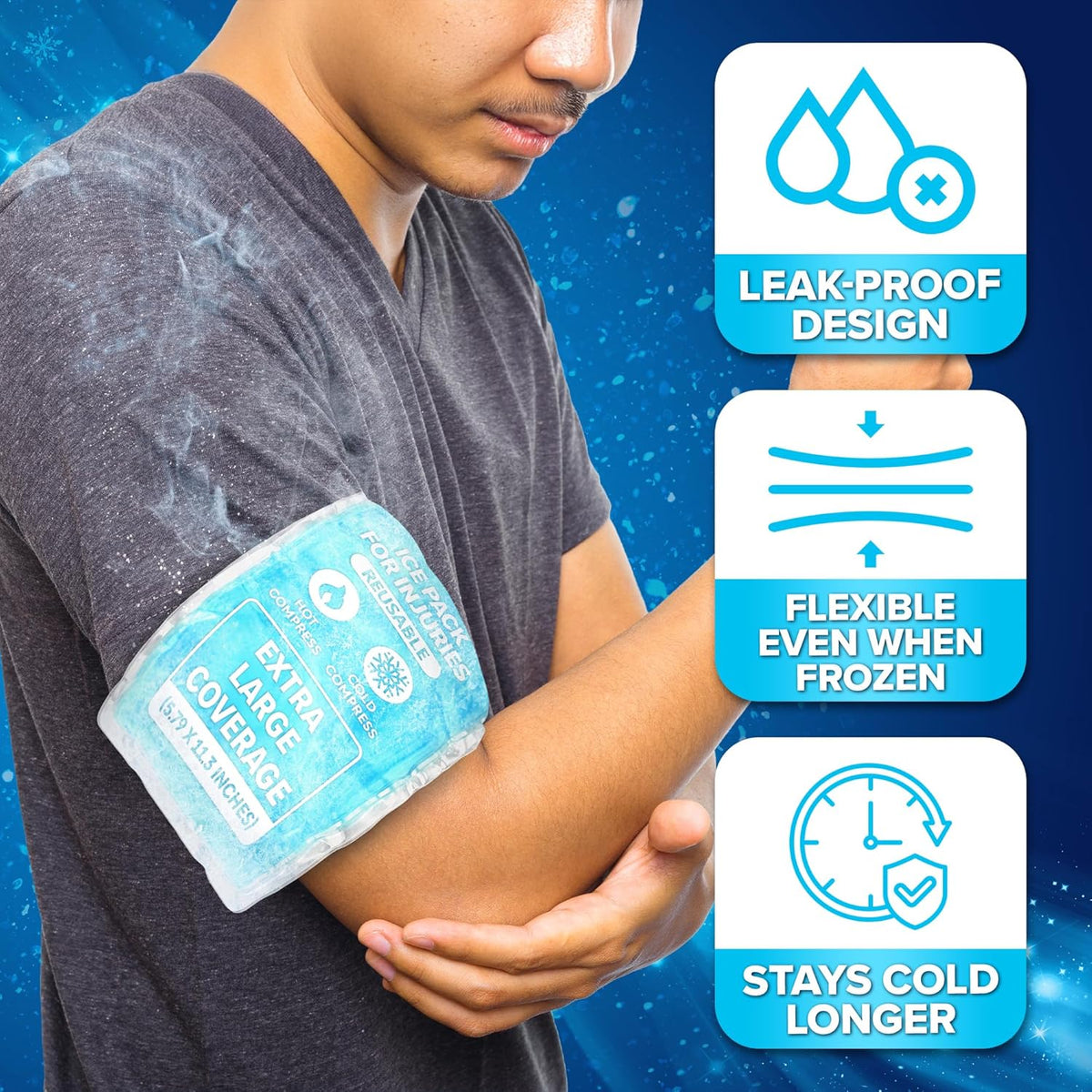 JJ CARE Gel Ice Packs Reusable (Pack of 2, XL) - Ice Packs for Injuries Reusable - Soft Ice Pack for Injuries with Wrap - Flexible Therapy, for Knee, Back, Neck, Wrist, & Ankle