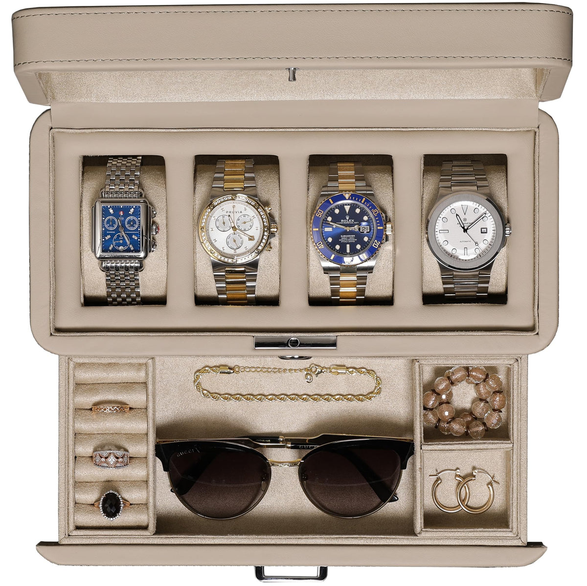 ROTHWELL 4 Slot Leather Watch Box with Valet Drawer - Luxury Case Display Jewelry Organizer, Locking Display Case Holder with Real Glass Top - Watch Box Organizer for Men & Women (Oatmeal)