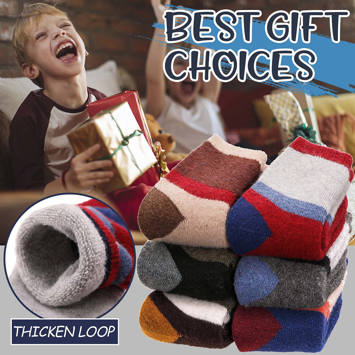 EBMORE Kids Merino Wool Socks for Toddlers Boys Girls Warm Thermal Winter Thick Hiking Heavy Cozy Crew Boot Socks 6 Pairs （Color Block,1-3 Y