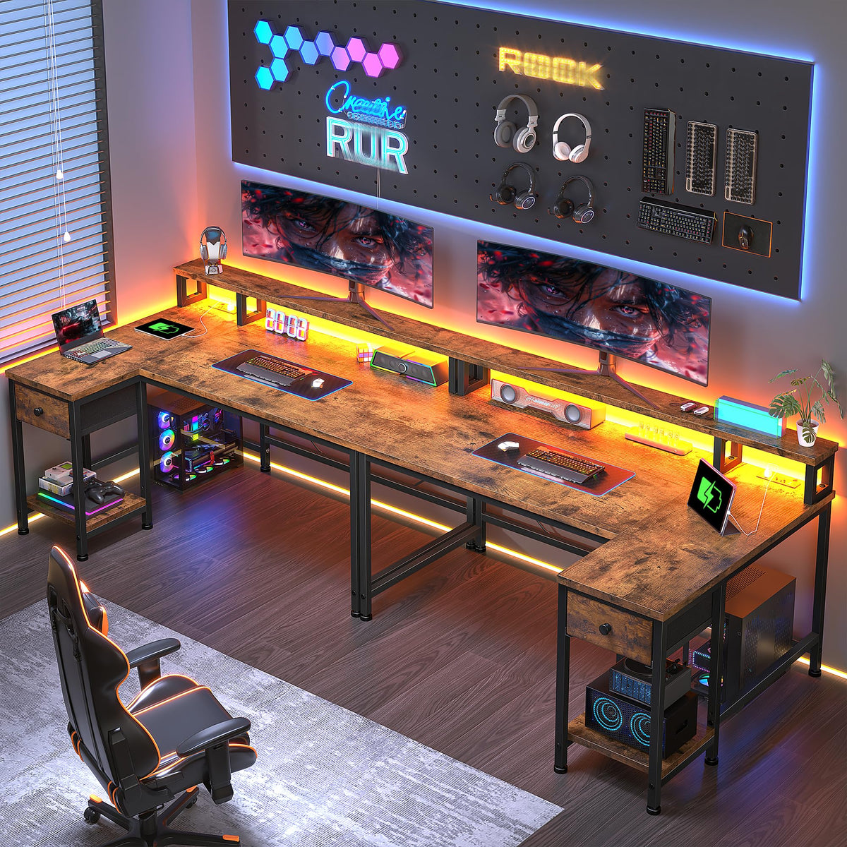 DurayLoly Gaming Desk with LED & Power Outlet, 48" L Shaped Small Computer Desk with Drawers Reversible Corner Desks with Monitor Stand Office Desks for Gaming Room,Home Office,Bedroom,Rustic Brown