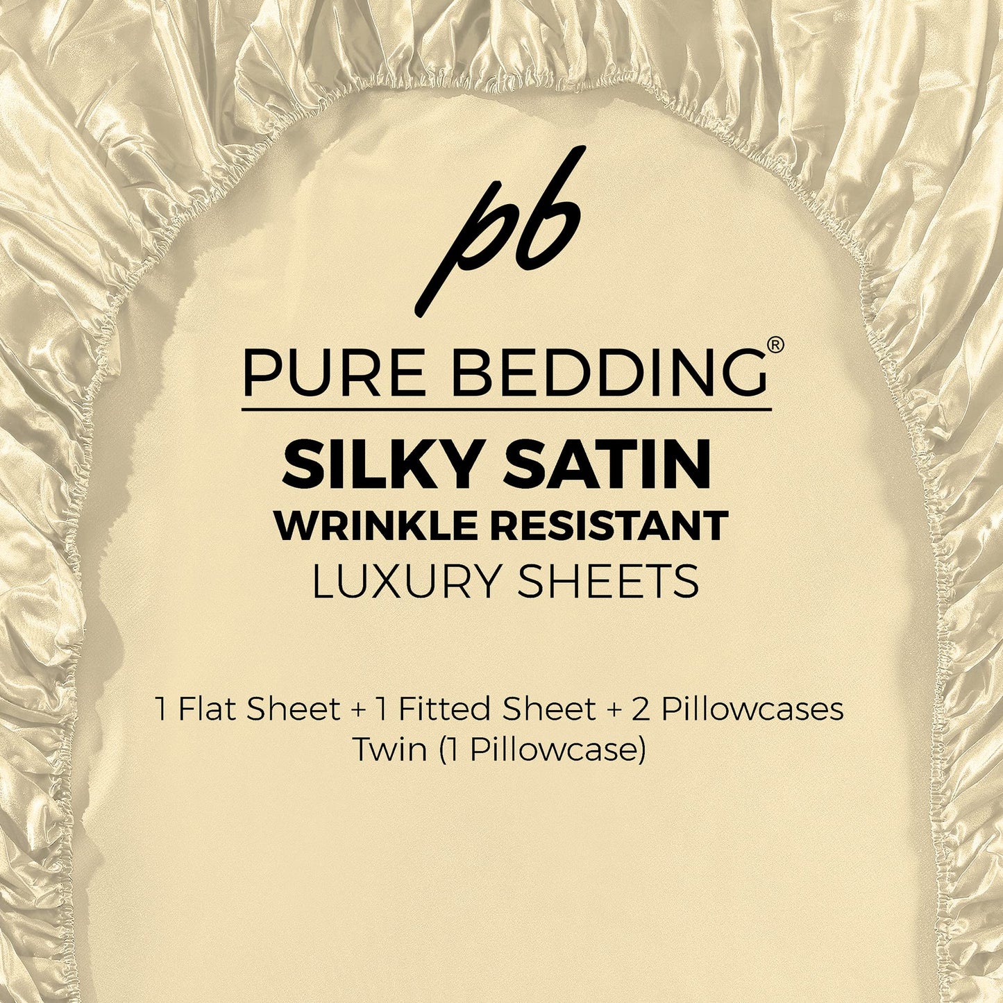 Pure Bedding Satin Sheets Queen [4-Piece, Ivory] Hotel Luxury Silky Bed Sheets - Extra Soft 1800 Microfiber Sheet Set, Wrinkle, Fade, Deep Pocket Fitted Sheet, Flat Sheet, Pillow Cases