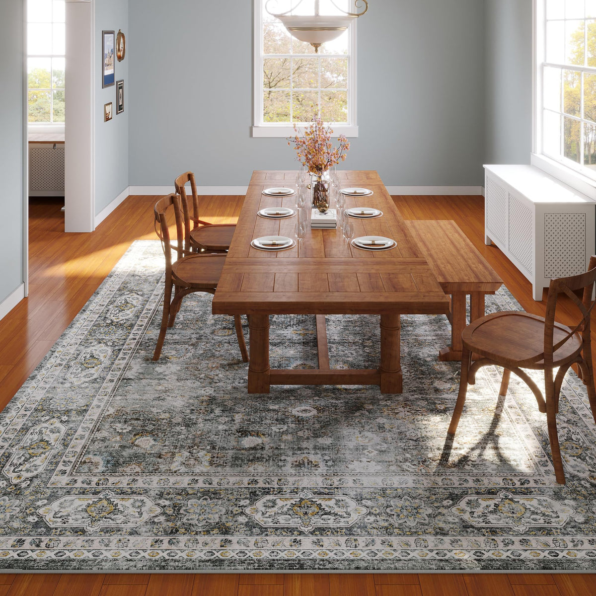 Rugcomf 8x10 Rug Washable Boho Rug Soft Large Area Rug Non-Slip Non-Shedding Faux Wool Vintage Rug for Living Room, Farmhouse, Dining Room, Indoor, Kids Playroom (Grey)