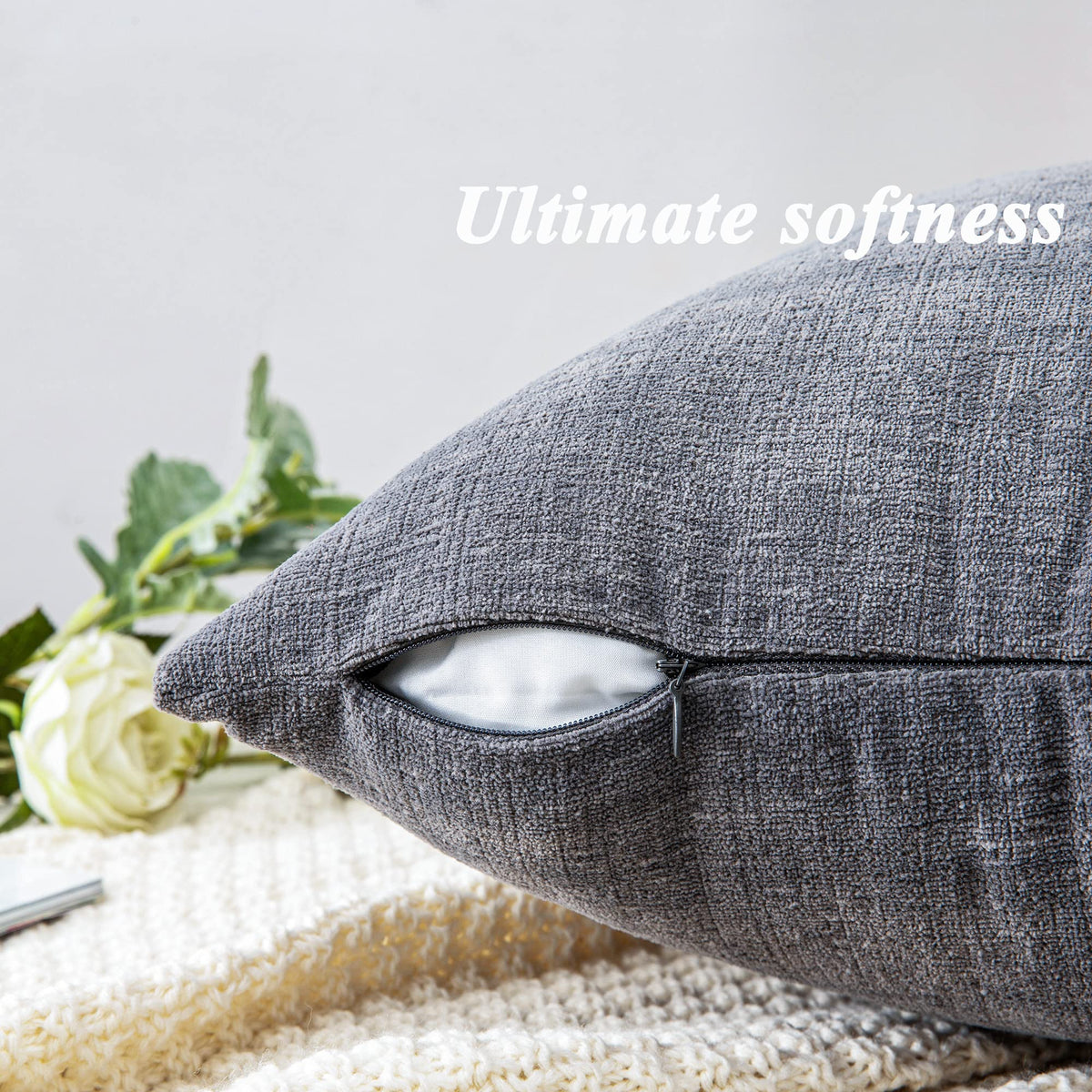 GAWAMAY Lumbar Support Pillow Decorative Rectangle Throw Pillow Covers 12"x20" Inch Set of 2, Soft Chenille Fall Pillowcase for Living Room Bedroom Sofa Couch Cushion Cover Grey 30x50cm (No Insert)