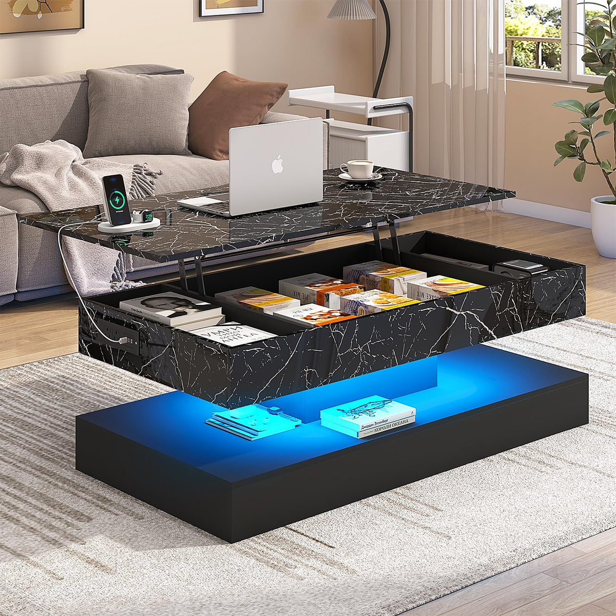 chartustriable 47.2" Large Lift Top Coffee Table with Charging Station, LED Modern High Glossy Center Table with Hidden Compartment Storage, White Lift Living Room Tables with Marbling Print, Black