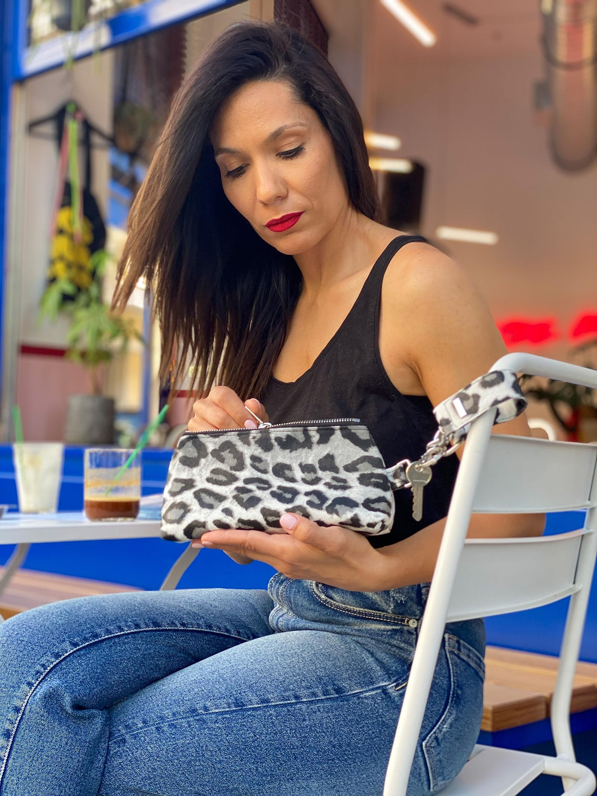 KEYPER 2-Piece Luxe Wristlet Set (IT Bag and a Key Ring Bracelet) PU Vegan Leather Classic Clutch Purse (Snow Leopard Gold)