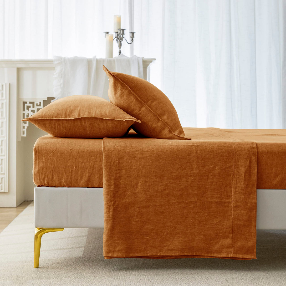 EVERLY 100% Linen Pillowcases Set of 2, Envelope Overlap Closure French Natural Washed Flax Pillowcases 20x26inches-Caramel