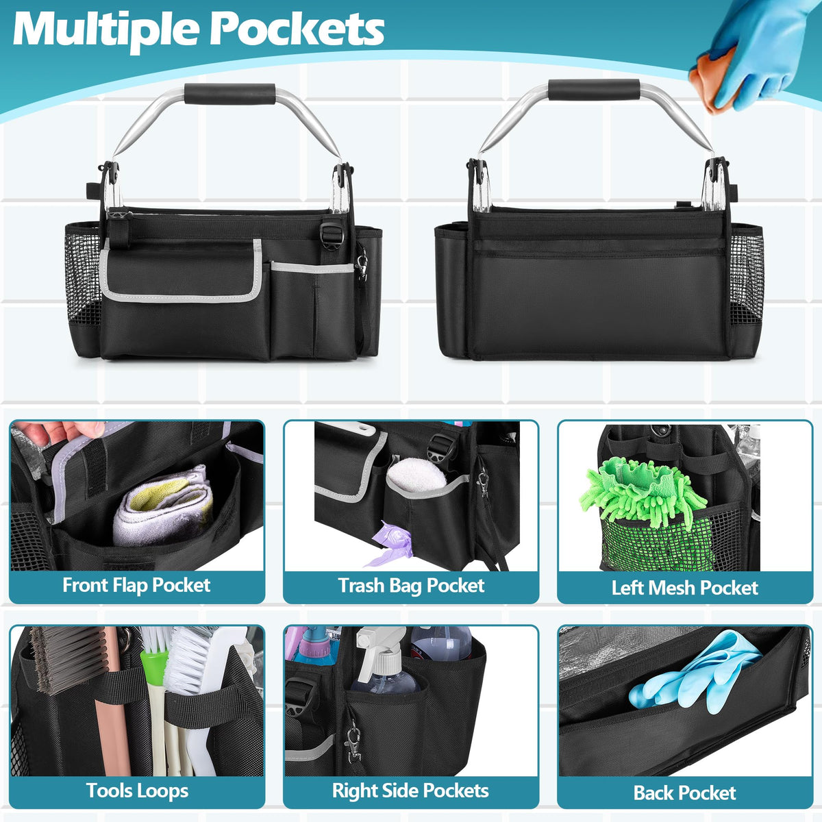 HODRANT Wearable Cleaning Caddy Organizer, Cleaning Supplies Bag with Divider & Support Pad, Cleaner Tote with Handle & Detachable Shoulder Strap, Housekeeping Storage Box with Multi Pockets, Bag Only