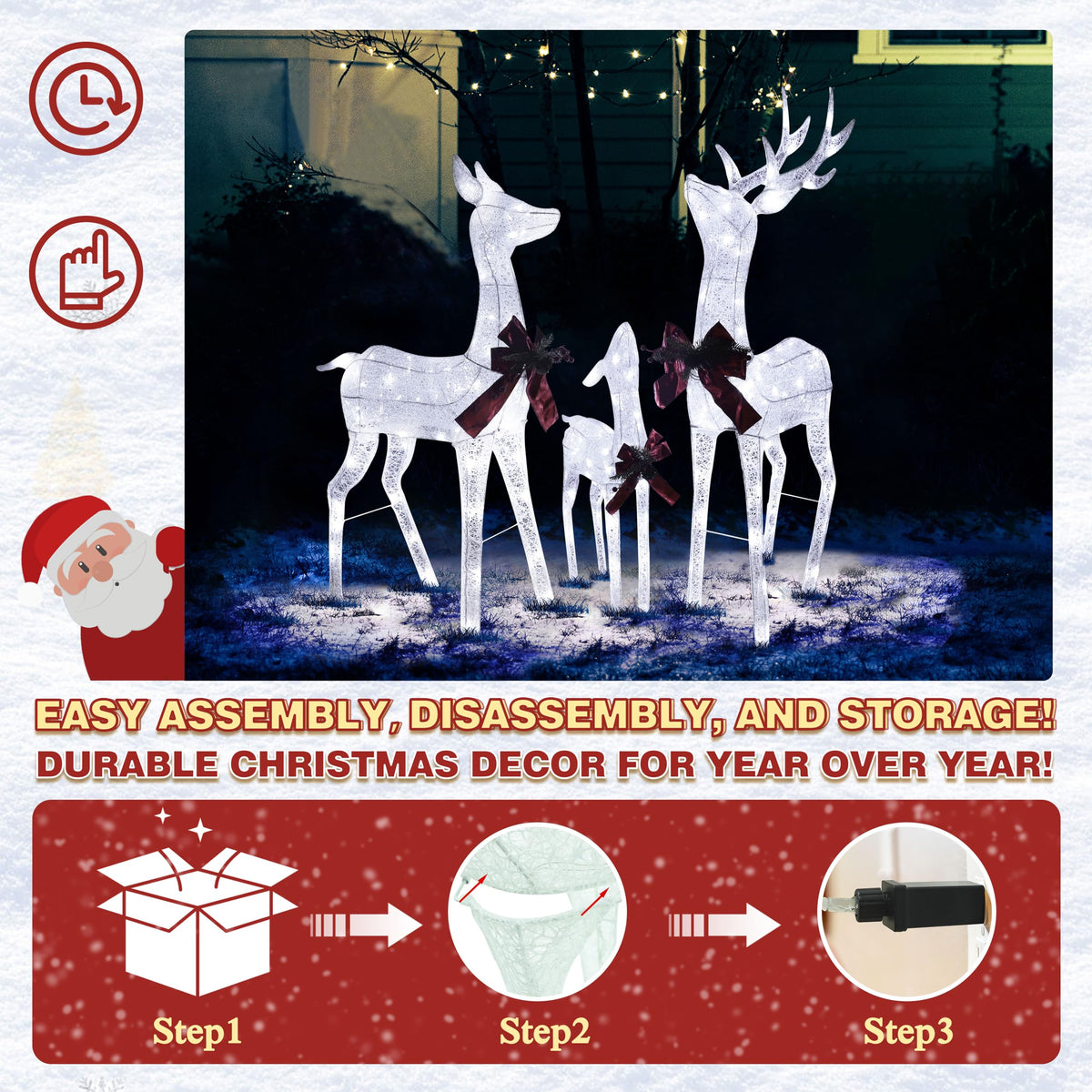 MUPATER Outdoor Christmas Decoration Lighted Deer Family Set Indoor, Christmas Holiday Yard Decor 3-Piece Set for Lawn and Home Party with Lights, Ground Stakes and Zip Ties, White