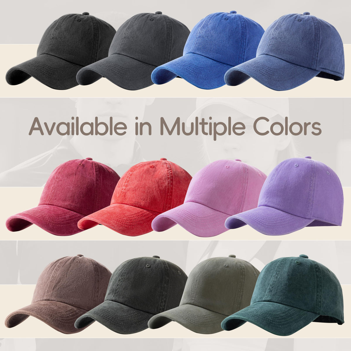 Vintage 100% Cotton Washed Baseball Cap Adjustable Size，Classic Low Profile Plain Retro Unisex Dad Hat(Blue+Black)