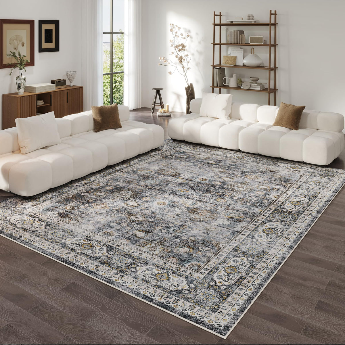 Rugcomf 8x10 Rug Washable Boho Rug Soft Large Area Rug Non-Slip Non-Shedding Faux Wool Vintage Rug for Living Room, Farmhouse, Dining Room, Indoor, Kids Playroom (Grey)