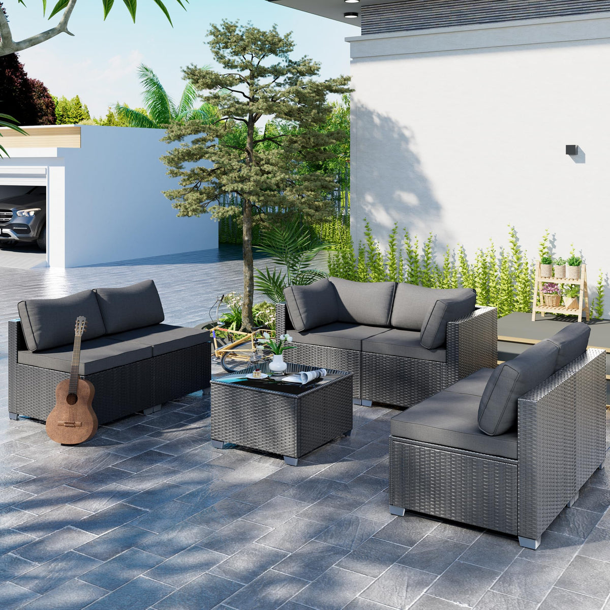 ELEGIBLISS 7 Pcs Patio Sectional Sofa - Outdoor Conversation Set PE Wicker Rattan Furniture with Coffee Table Patio Furniture for Porch Poolside Backyard Garden Modular Sofa Black Rattan
