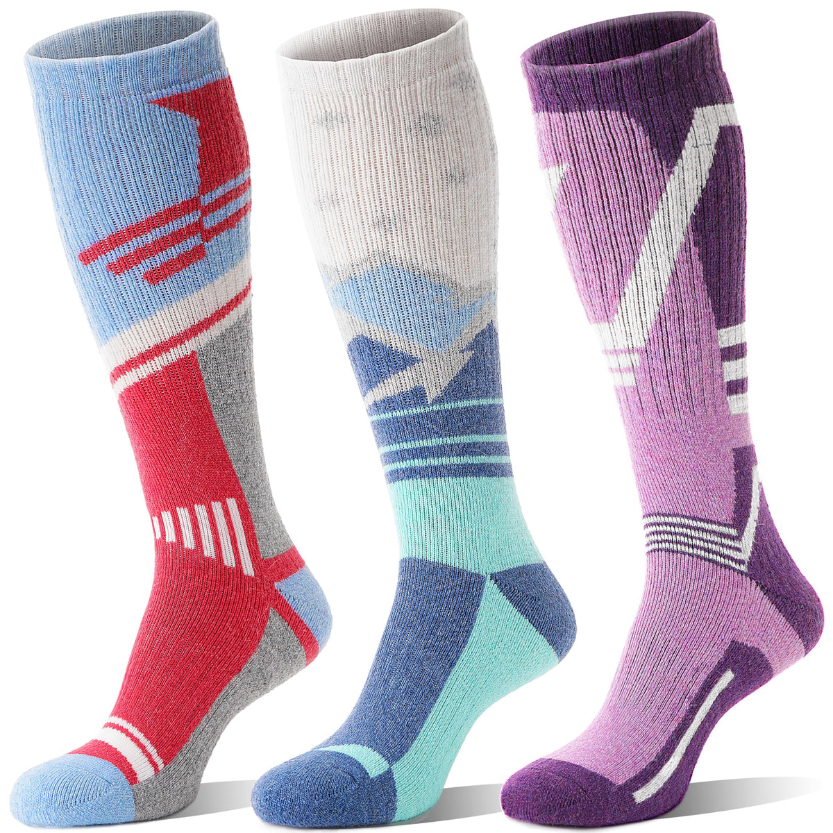 Merino Wool Ski Socks for Mens Womens Winter Thermal Warm Thick Knee High Snowboarding Skiing Socks for Cold Weather 3 Pairs Gifts Stocking Stuffers(Red/Blue/Purple,M)