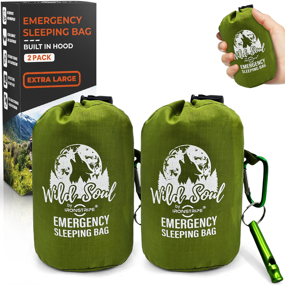Bivy Sack XL Waterproof Survival Sleeping Bag with Emergency Whistle, Built-in Hood & Thermal Mylar - Tear & Puncture-Resistant