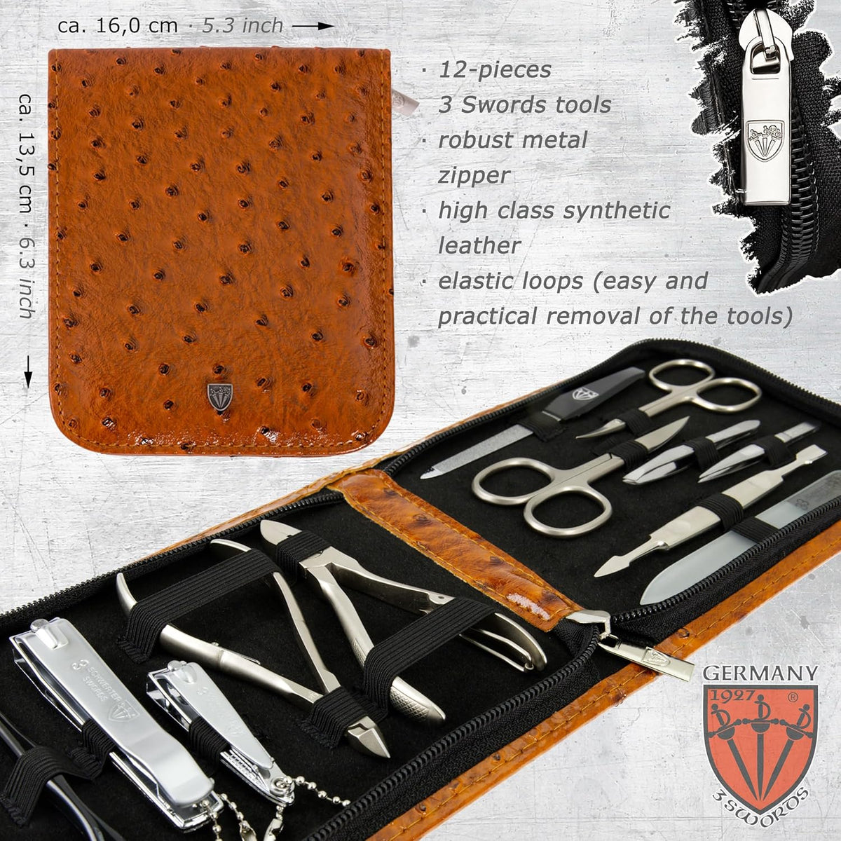 3 Swords Germany - brand quality 12 piece manicure pedicure grooming kit set for professional finger & toe nail care with cognac synthetic leather case - Made in Germany