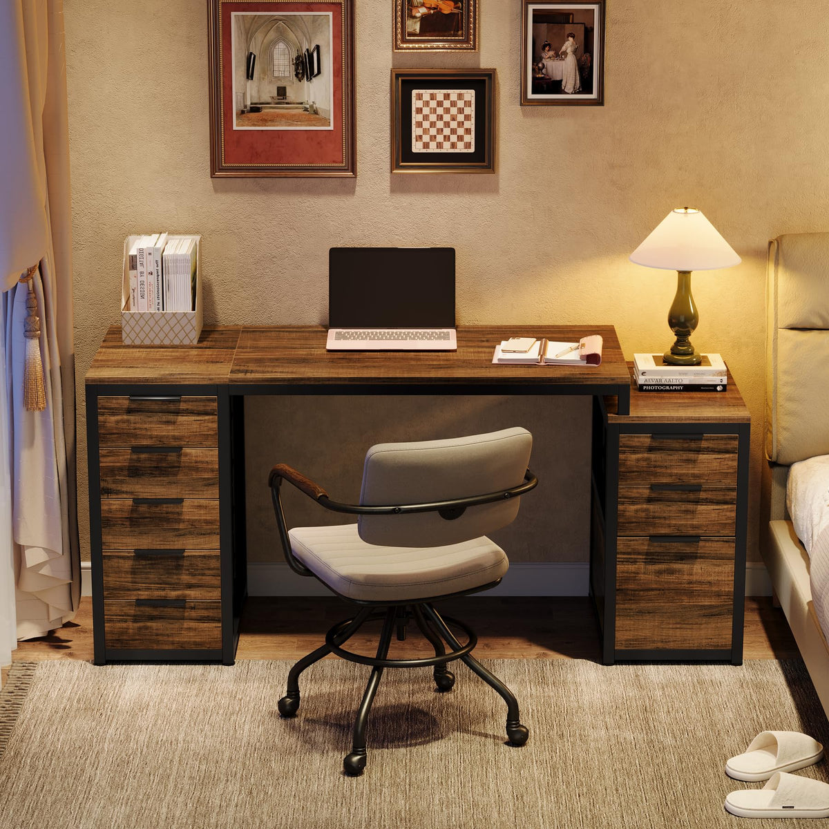 Tribesigns Computer Desk with 8 Drawers, 63" Office Desk with Reversible File Cabinet and Storage Drawers, Industrial PC Desk Study Writing Table Workstation for Home Office, Rustic Brown