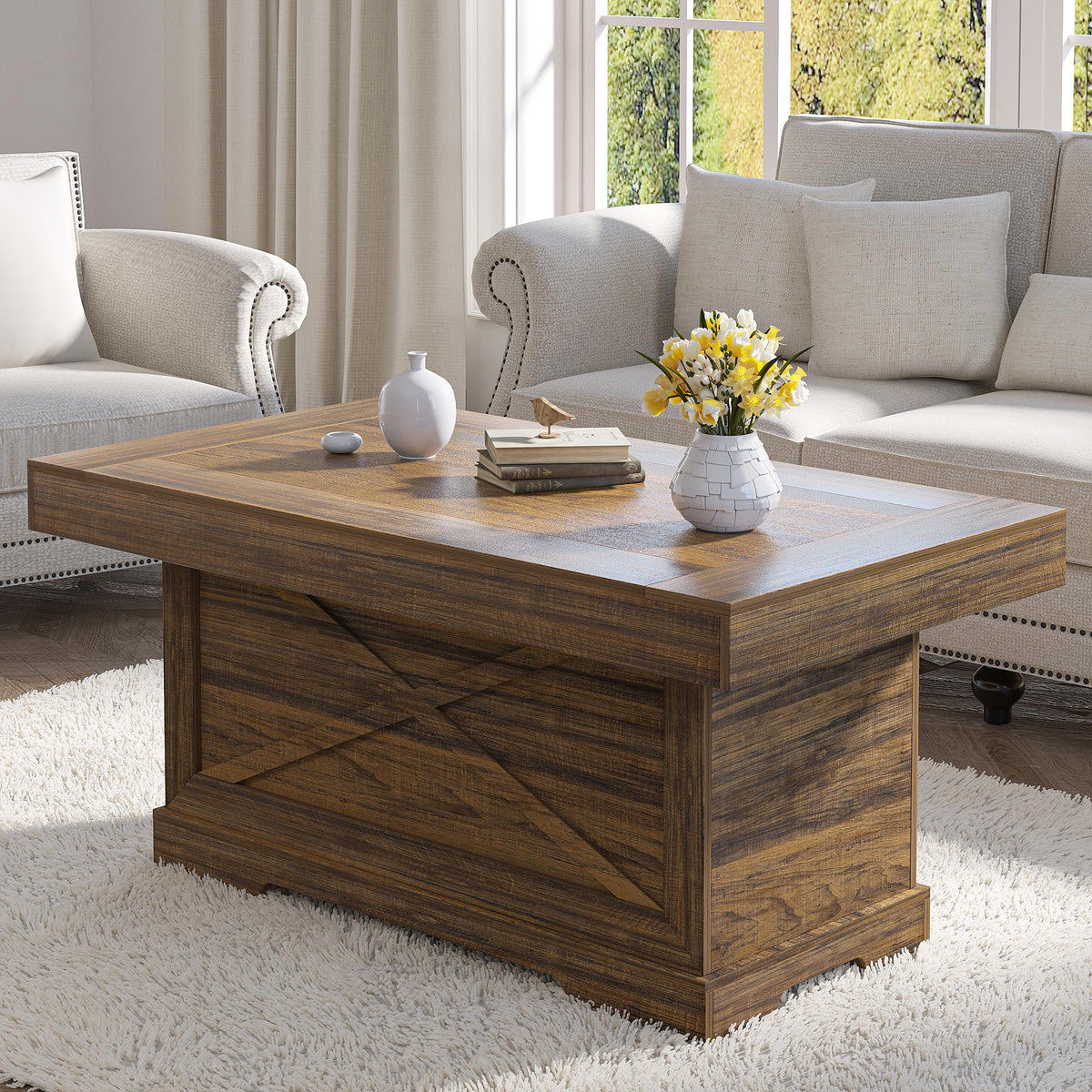 Lareth Coffee Table 39 in Rustic Center Table with X-Design Wooden Pedestal for Living Room, Space Saving, Easy Assembly Rectangle Home Office Tea Accent Table for Dining Room Apartment, Walnut