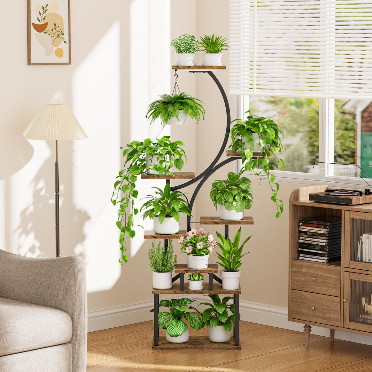 Plant Stand Indoor with Grow Lights - 62" Tall Plant Shelf, Lighted Corner Plant Stands for Indoor Growing, 8 Tiered Large Flower Holder, S-Shaped Decorative Rack for Living Room, Black, Patent Design