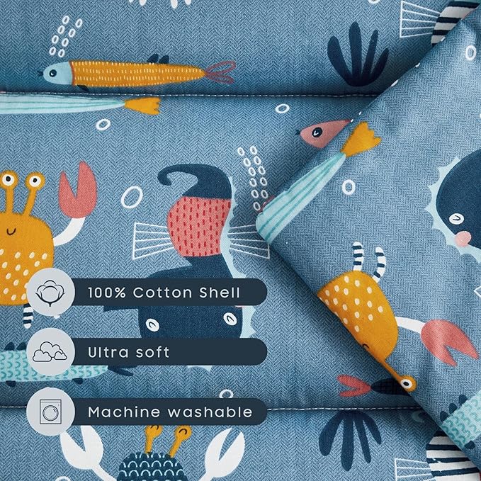 Wake In Cloud - Toddler Nap Mat with Pillow and Blanket, 100% Cotton Fabric, for Kids Boys Girls in Daycare Kindergarten Preschool, Roll Up Sleeping Bag, Blue Sea World, Extra Long