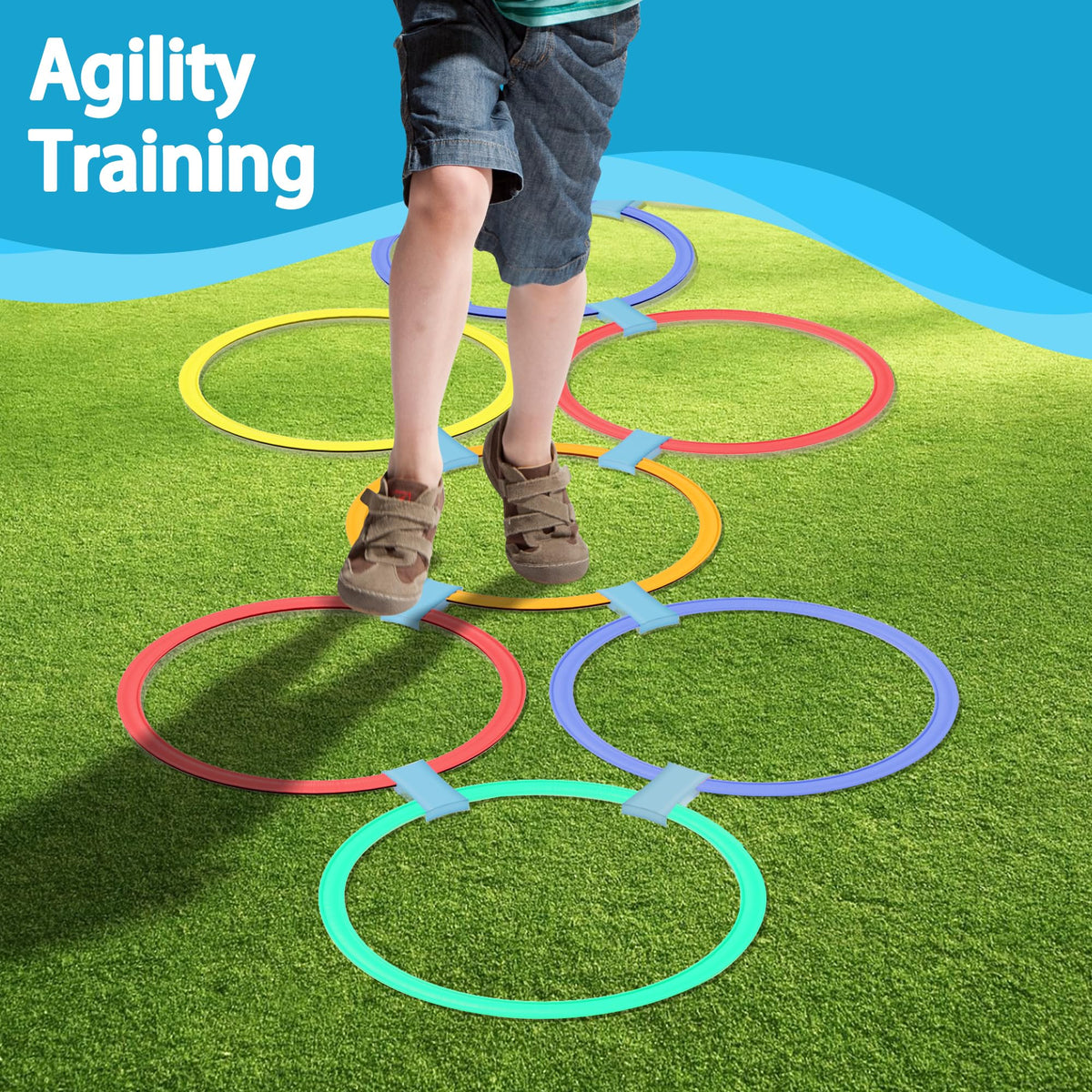 Oranmew 2 Sets Hopscotch Rings, 20 Plastic Round Hoops with 30 Connectors for Toddlers Gross Motor Skills, 11 Inch Indoor/Outdoor Agility Rings for Kids Playground Obstacle Course
