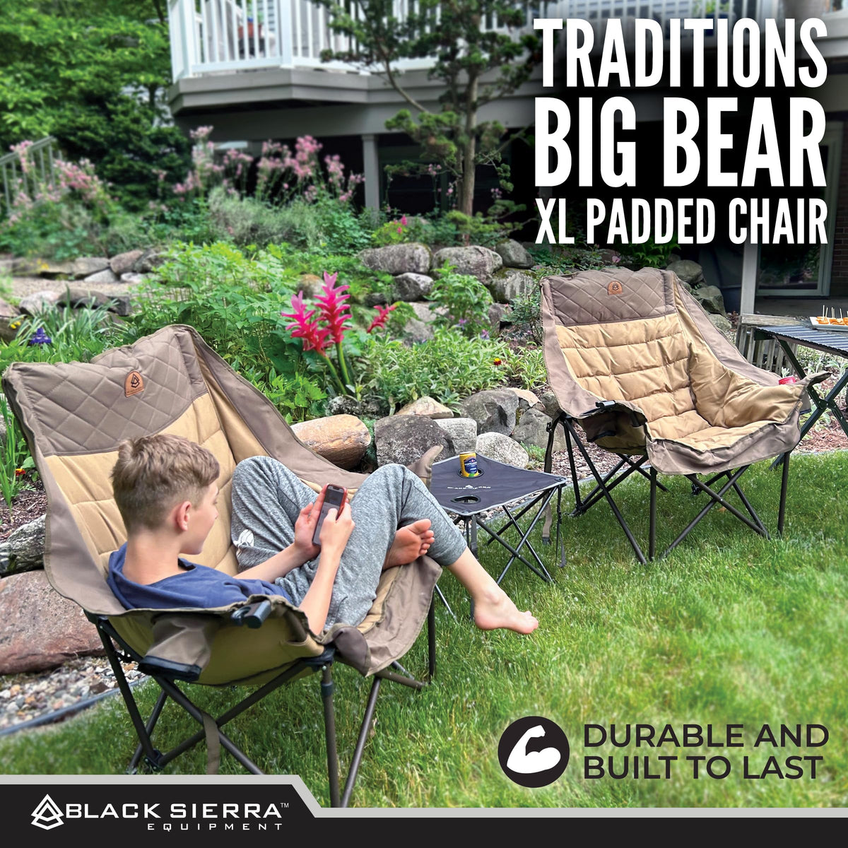 Black Sierra Deluxe Padded Camping Chair for Sports & Outdoors, Oversize XL Outdoor Folding Chair Supports 400 lbs, Heavy Duty Seat w/Dual Cup Holders/Carry Bag Perfect for RV, Tailgating, Glamping