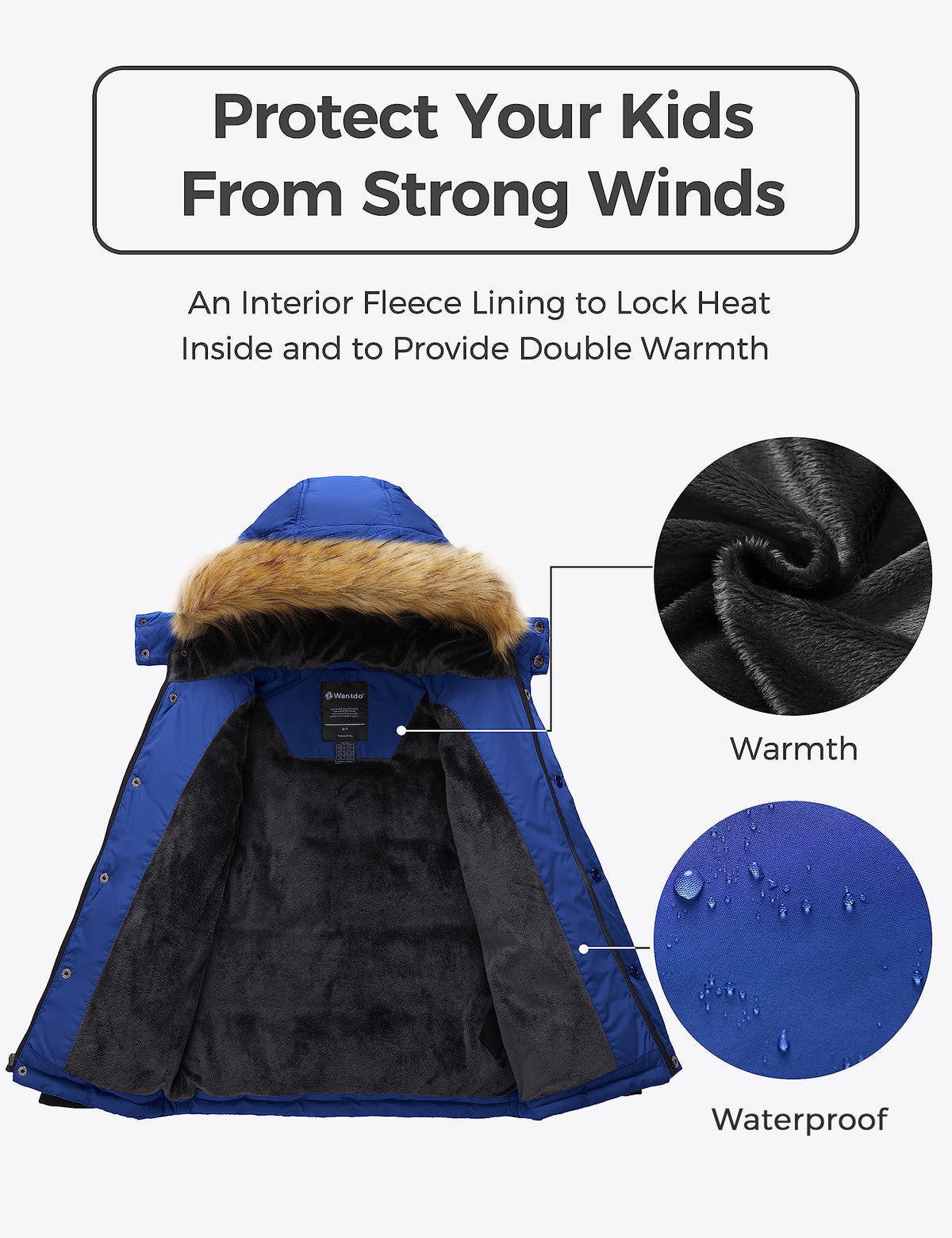 wantdo Boys' Warm Puffer Coats Winter Outerwear Jackets Waterproof Fleece Jacket With Hood Acid Blue navy 8