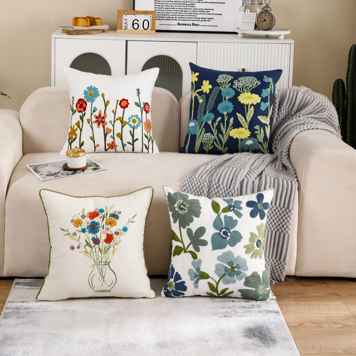 Tosleo Embroidered Throw Pillow Covers 18x18 inch Pack of 2 Blue Blossoms Spring Decorative Pillowcases Farmhouse Coastal Pillow Cushion Cases Home Decor Square Floral Pillow Case