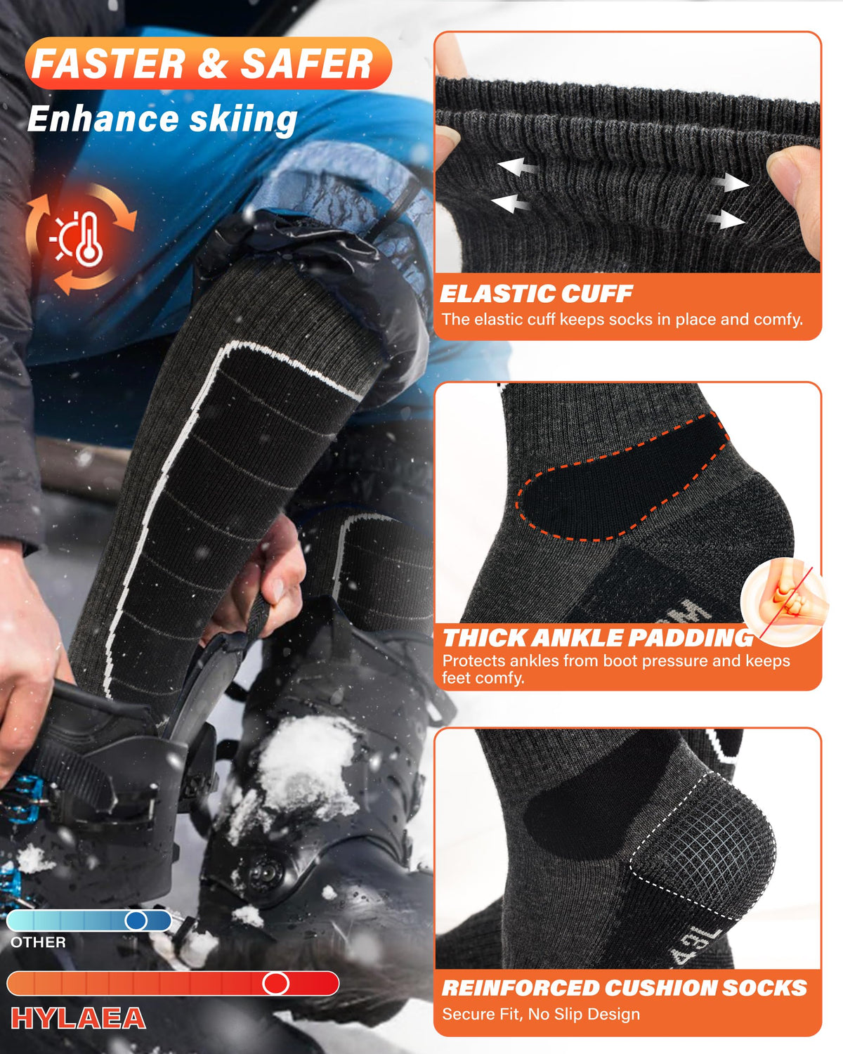 Hylaea Merino Wool Ski Socks, Cold Weather Socks for Snowboarding, Snow, Winter, Thermal Knee-high Warm Socks, Hunting