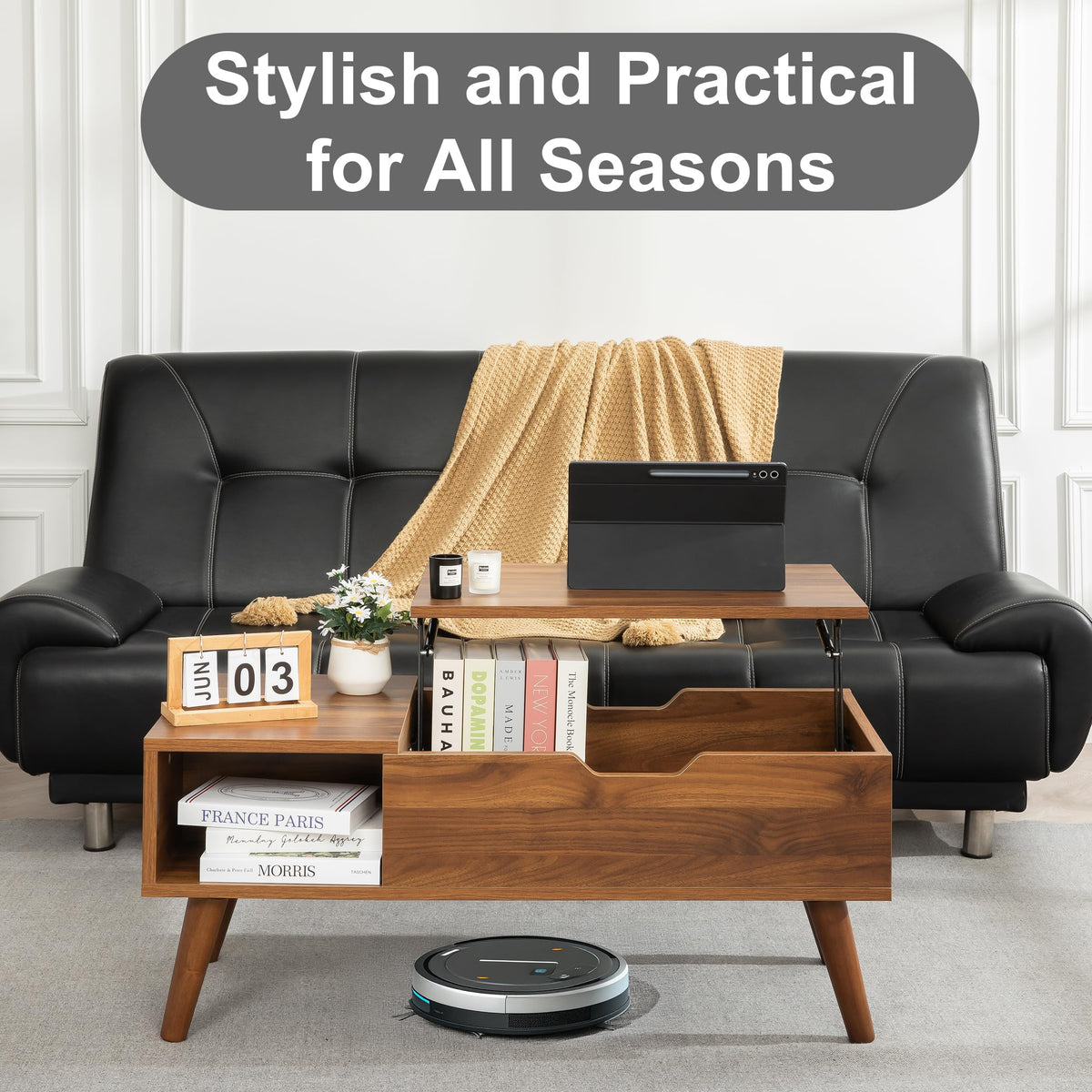 VICTORY RELAX Lift-Top Coffee Table with Hidden Storage and 2 Open Cubbies, Coffee Table with Storage for Living Room, Center Table for Living Room, Designed for Workspace and Relaxation (Natural)