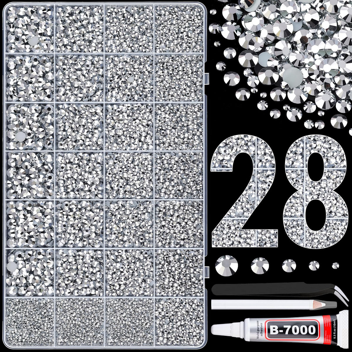 30000Pcs Resin Rhinestones for Bedazzling with Tweezers, Silver Rhinestones for Crafting with B7000 Jewelry Glue for DIY Crafts Clothing Tumblers Shoes Fabric Nail Art