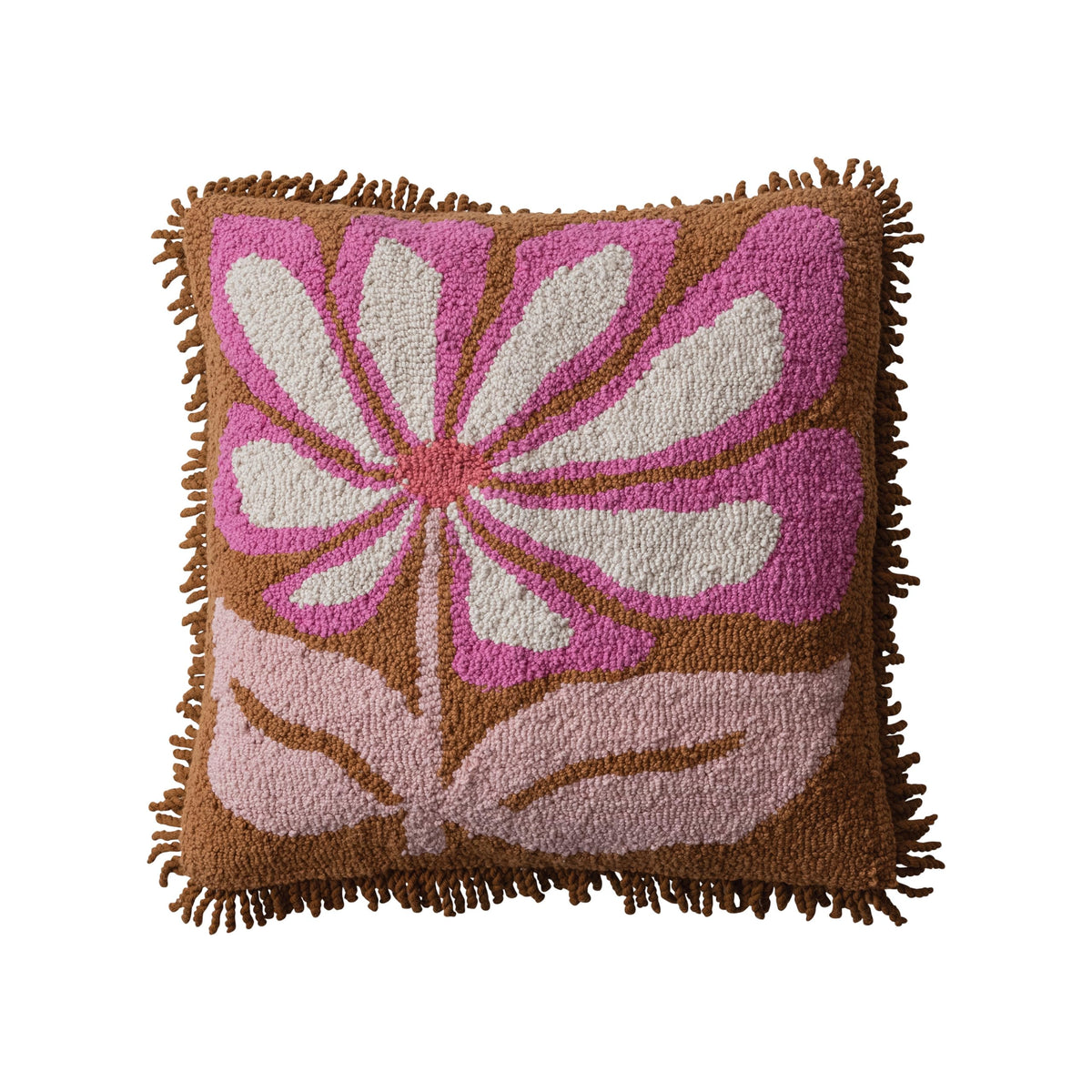 Creative Co-Op, Pink Cotton Punch Hook Pillow with Flower and Fringe, Brown, Natural, Square