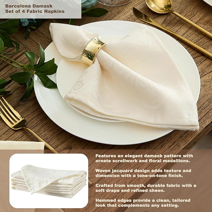 Newbridge Barcelona Luxury Damask Fabric Tablecloth, 60” Wide x 102” Rectangle, Antique White, 100% Polyester, No Iron, Soil Resistant Dining Room, Party and Banquet Table Cover