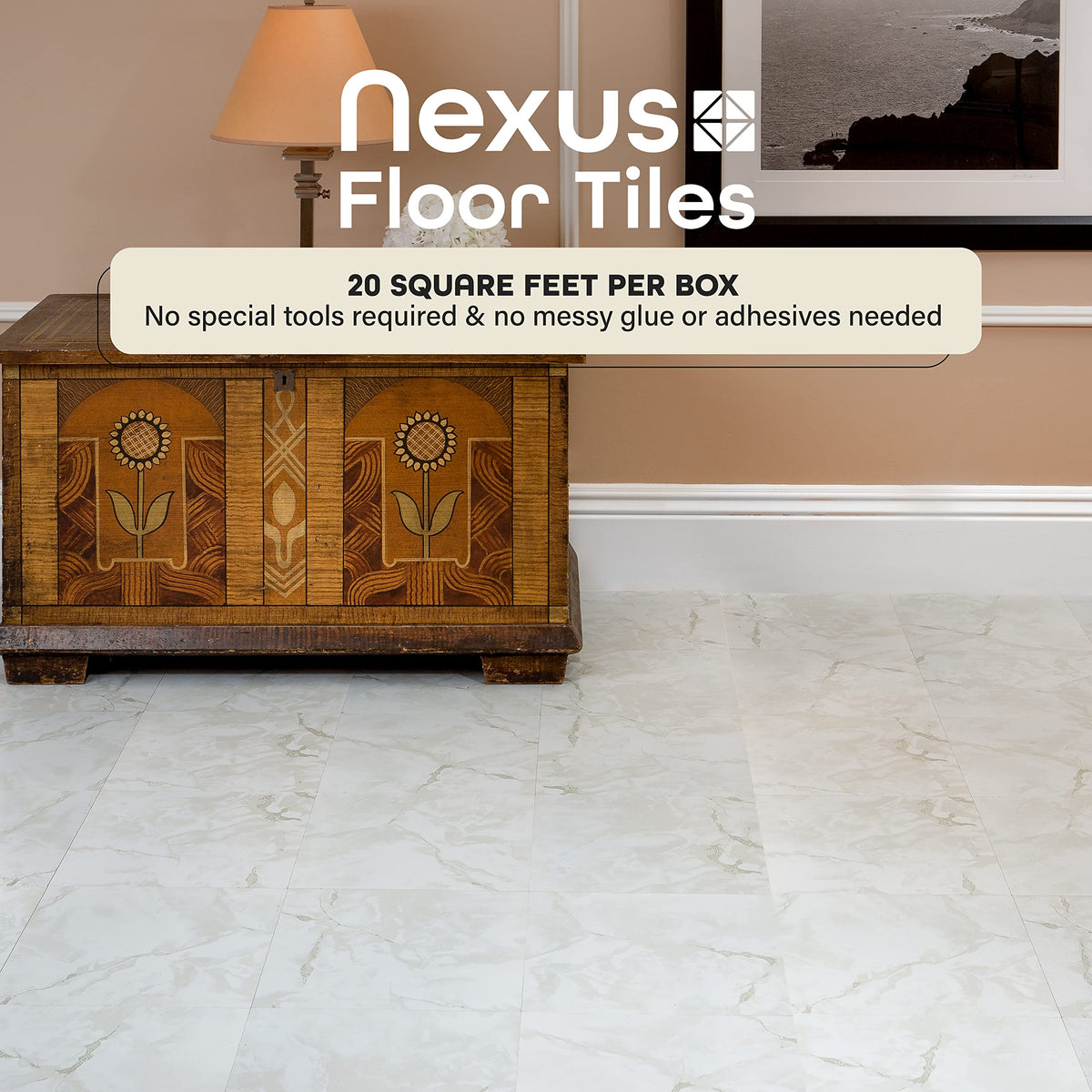 Achim Home Furnishings FTVMA40220 Nexus 12-Inch Vinyl Tile, Marble Classic White with Grey Veins, 20 Count (Pack of 1), White/Grey Vein Marble